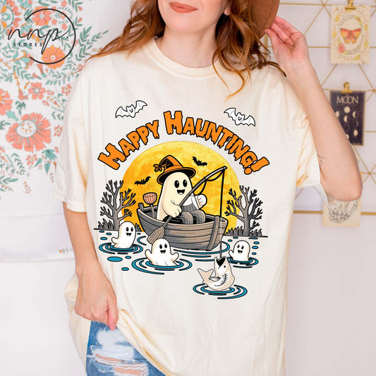 Comfort Colors® Happy Haunting Fishing Halloween Shirt, Fishing Lover Reel Scared Shirt, Funny Ghost Fisherman shirt,Spooky Fall Fishing tee