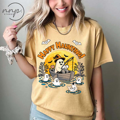 Comfort Colors® Happy Haunting Fishing Halloween Shirt, Fishing Lover Reel Scared Shirt, Funny Ghost Fisherman shirt,Spooky Fall Fishing tee