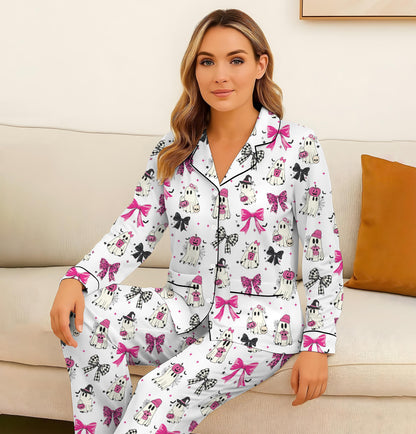 Halloween Pink Ghost And Bow Pajamas Set, Halloween Ghost Sleepwear, Fall Loungewear, Cozy Homewear, Spooky Season Gift, Halloween Gift