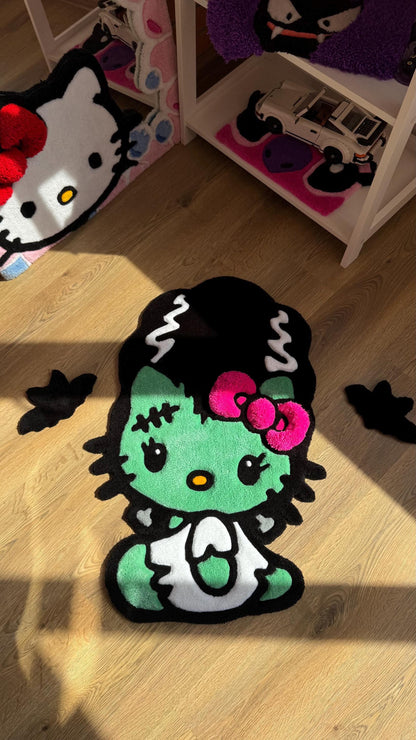 Frankenstein Kitty Halloween Rug – Custom Tufted Spooky Cute Carpet, Fluffy Kawaii Monster Decor for Anime Fans and Halloween Lovers