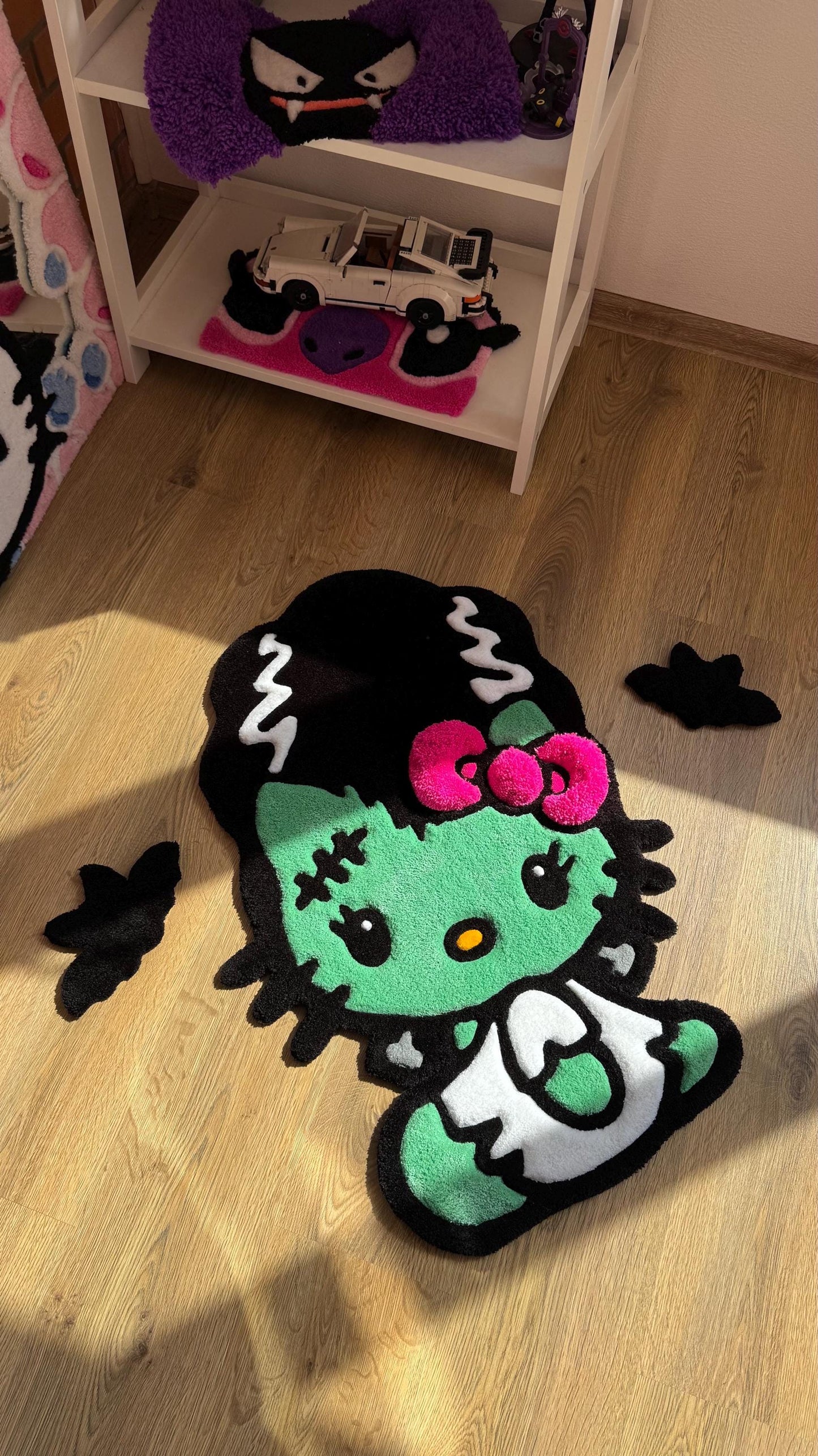 Frankenstein Kitty Halloween Rug – Custom Tufted Spooky Cute Carpet, Fluffy Kawaii Monster Decor for Anime Fans and Halloween Lovers