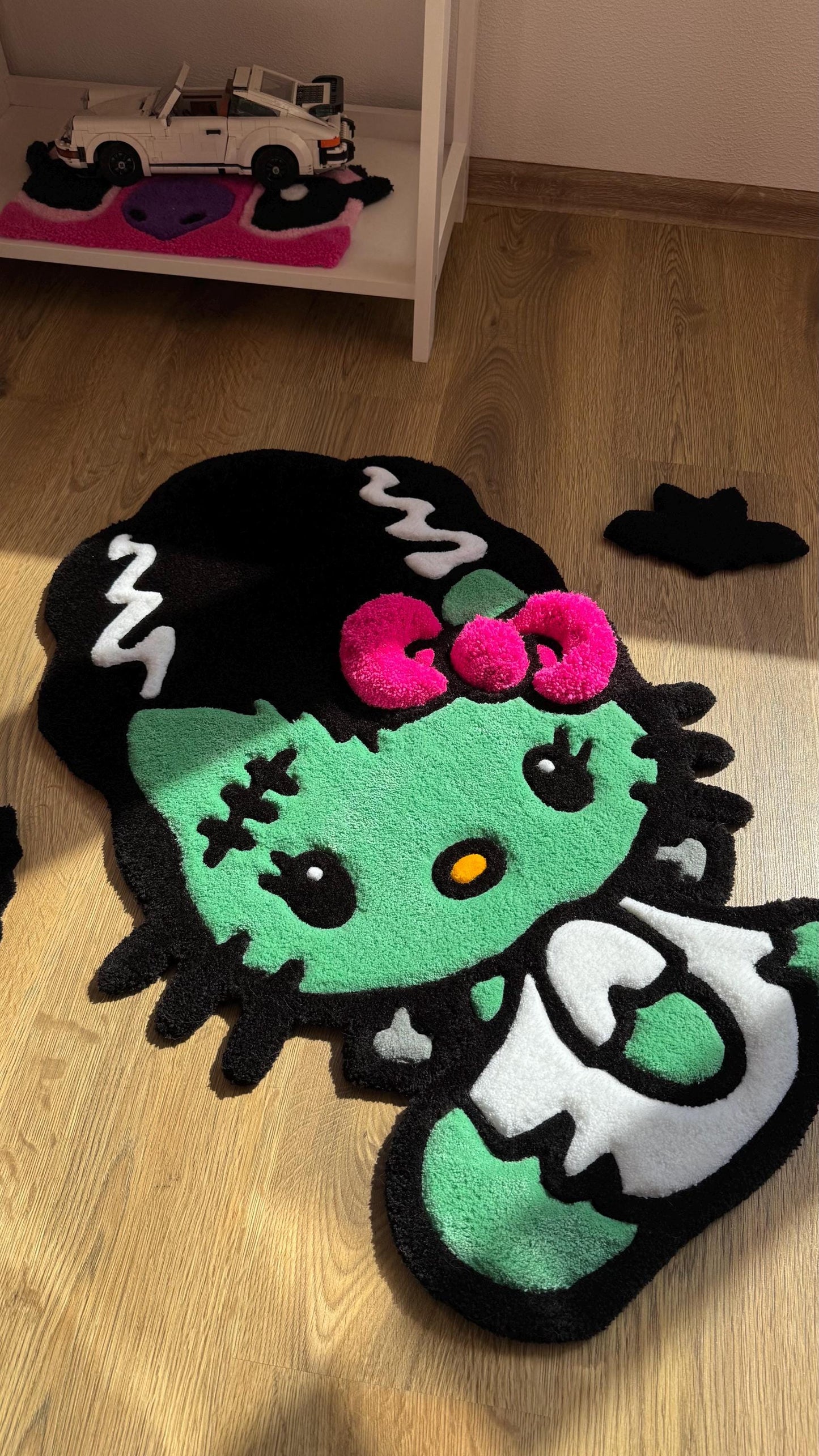 Frankenstein Kitty Halloween Rug – Custom Tufted Spooky Cute Carpet, Fluffy Kawaii Monster Decor for Anime Fans and Halloween Lovers
