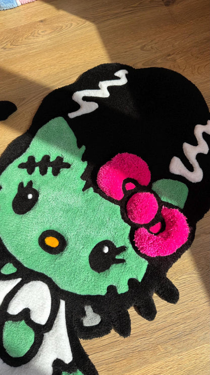 Frankenstein Kitty Halloween Rug – Custom Tufted Spooky Cute Carpet, Fluffy Kawaii Monster Decor for Anime Fans and Halloween Lovers