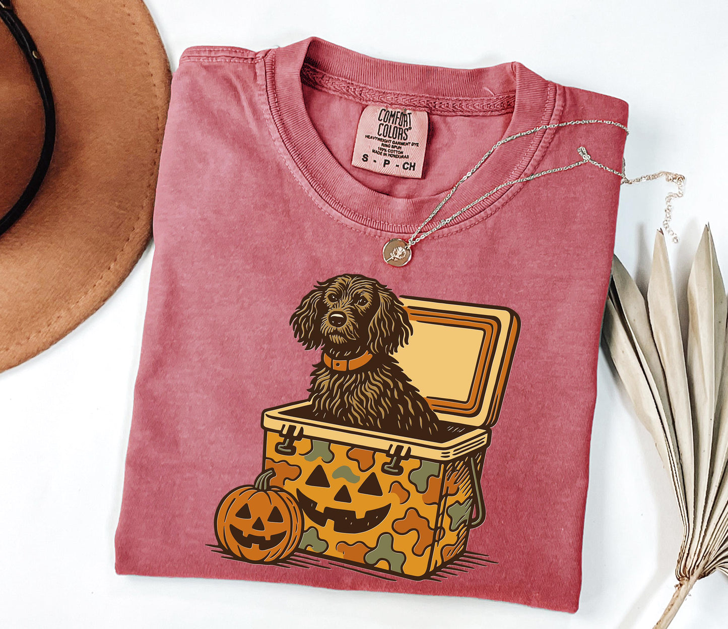 Comfort Colors® Boykin Spaniel Halloween Shirt, Dog in Camo Cooler with Pumpkin Face, Fall Hunting Dog Shirt, Southern Spooky Halloween Tee