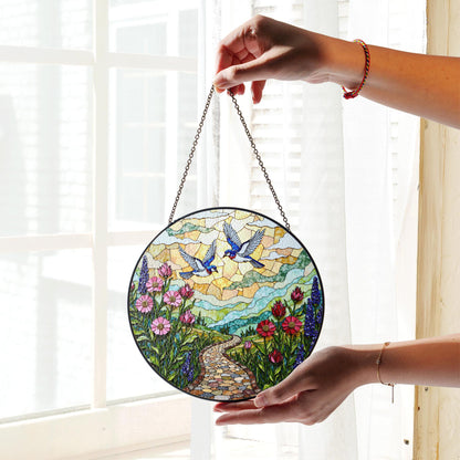 Bluebirds flying over flower path stained glass suncatcher window decor gift for mother birthday