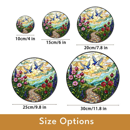 Bluebirds flying over flower path stained glass suncatcher window decor gift for mother birthday