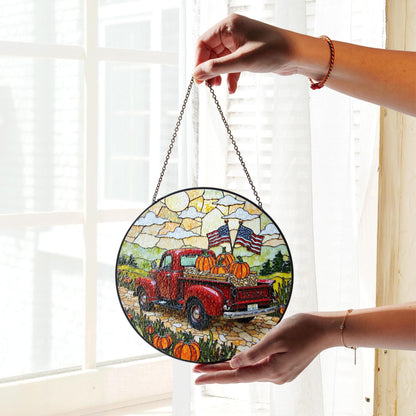 Red vintage truck with pumpkins and flags fall suncatcher window hanging patriotic Thanksgiving gift