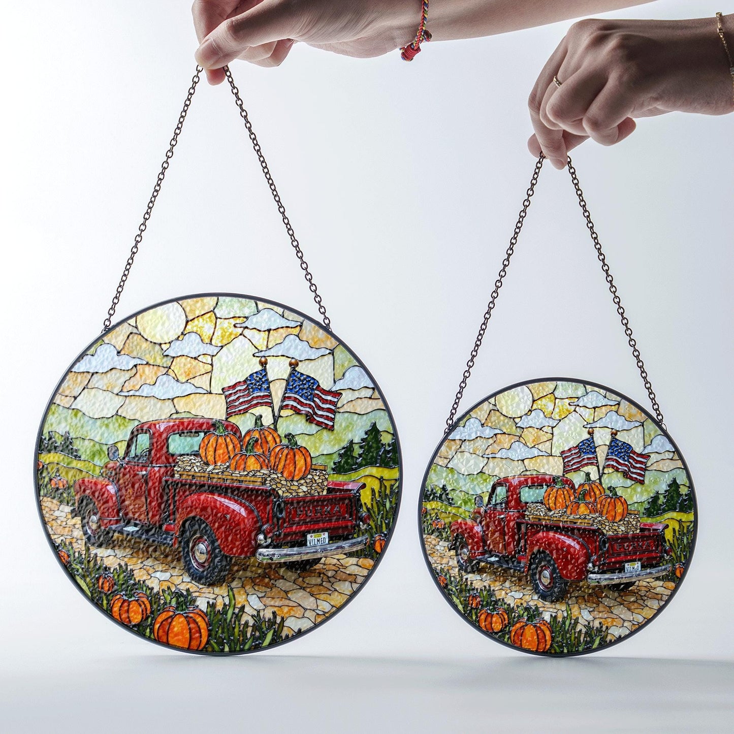 Red vintage truck with pumpkins and flags fall suncatcher window hanging patriotic Thanksgiving gift