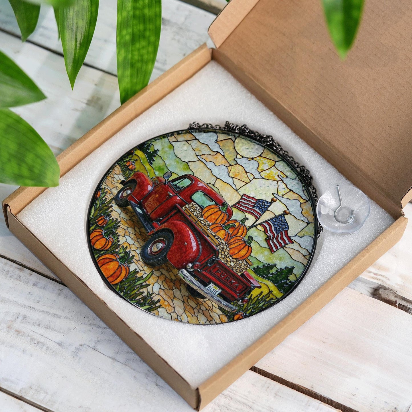 Red vintage truck with pumpkins and flags fall suncatcher window hanging patriotic Thanksgiving gift