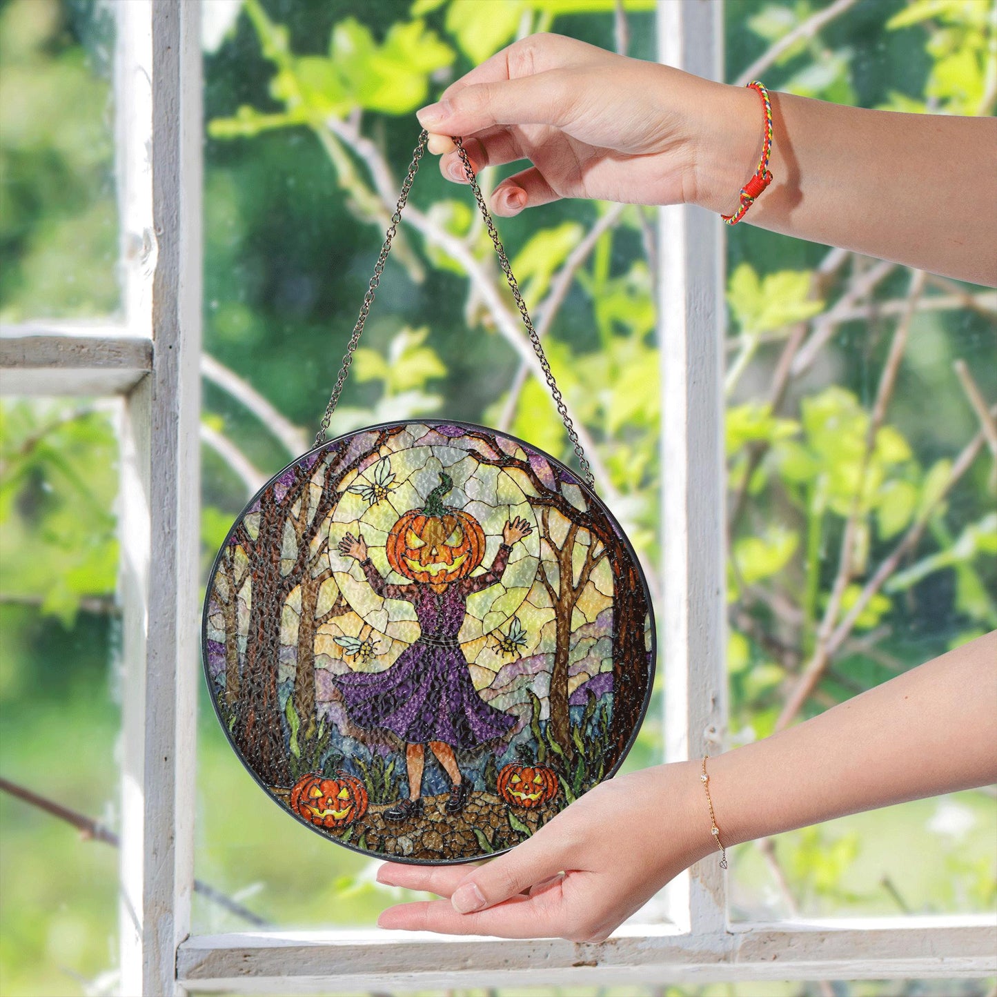 Pumpkin Head Girl in Forest Halloween Suncatcher Window Decor Gift