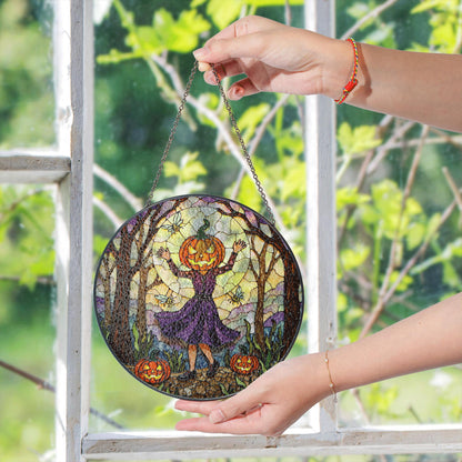 Pumpkin Head Girl in Forest Halloween Suncatcher Window Decor Gift
