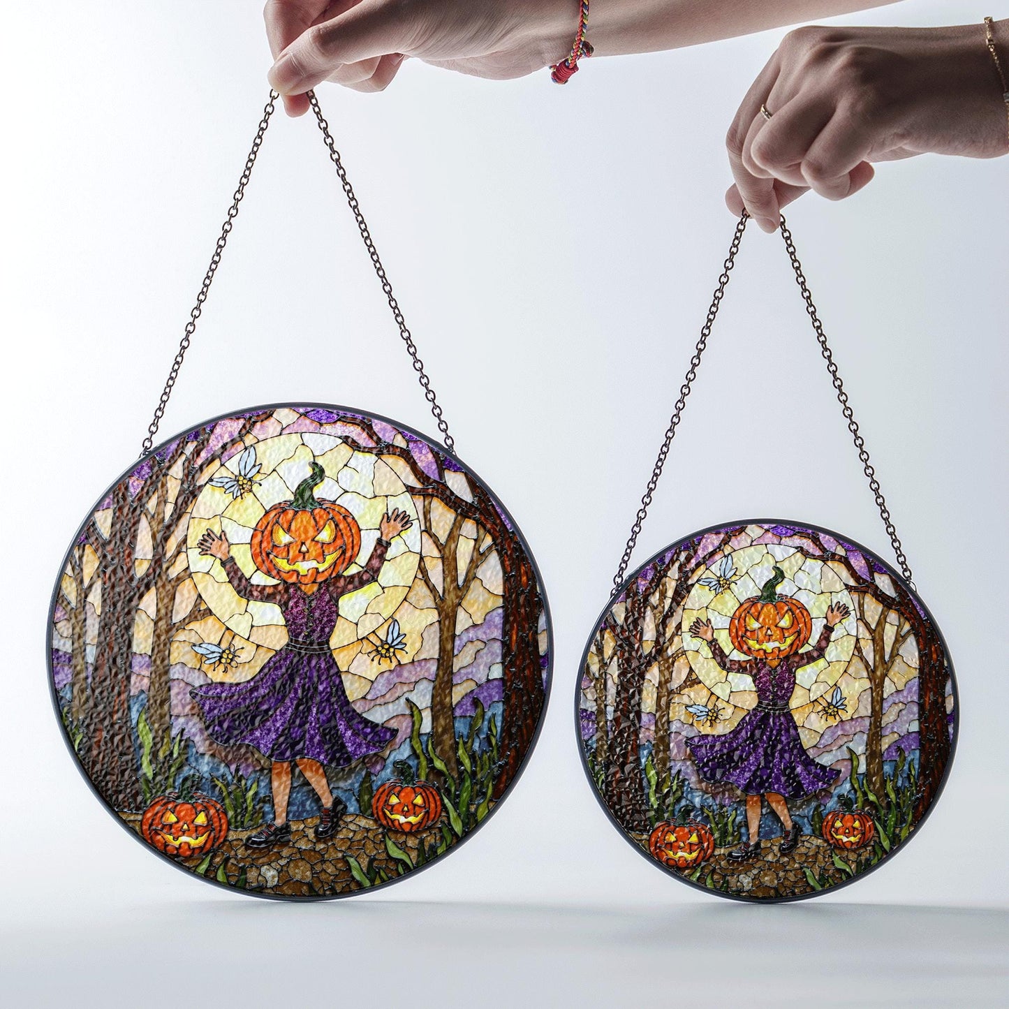 Pumpkin Head Girl in Forest Halloween Suncatcher Window Decor Gift