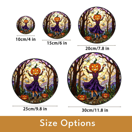 Pumpkin Head Girl in Forest Halloween Suncatcher Window Decor Gift