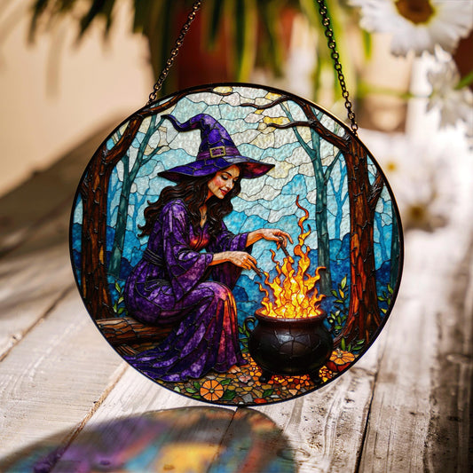 Witch by Cauldron Purple Dress Halloween Suncatcher Window Hanging Gift for Spooky Season Lovers
