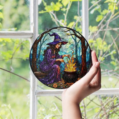 Witch by Cauldron Purple Dress Halloween Suncatcher Window Hanging Gift for Spooky Season Lovers