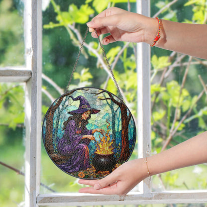 Witch by Cauldron Purple Dress Halloween Suncatcher Window Hanging Gift for Spooky Season Lovers