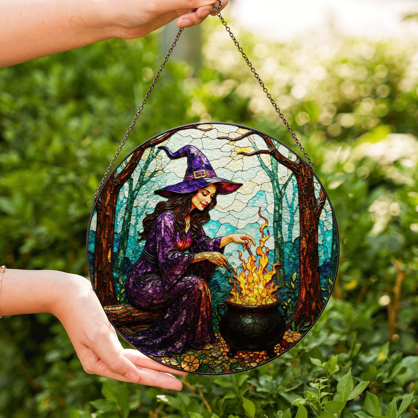 Witch by Cauldron Purple Dress Halloween Suncatcher Window Hanging Gift for Spooky Season Lovers