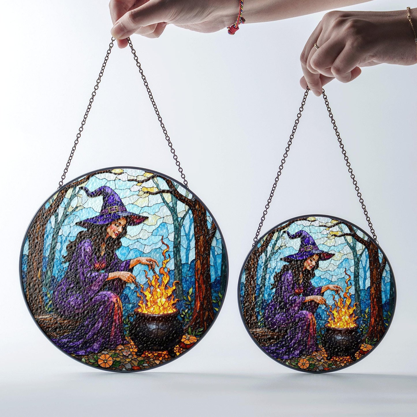 Witch by Cauldron Purple Dress Halloween Suncatcher Window Hanging Gift for Spooky Season Lovers