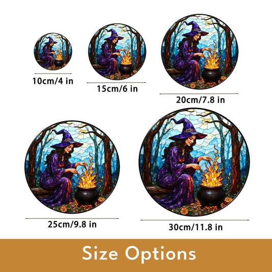 Witch by Cauldron Purple Dress Halloween Suncatcher Window Hanging Gift for Spooky Season Lovers