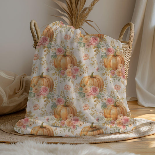 Thanksgiving Pumpkin Blanket, Cozy Autumn Throw, Fall Floral Hostess Gift Soft Farmhouse Pumpkin Blanket Cottagecore Whimsical Flower Fleece