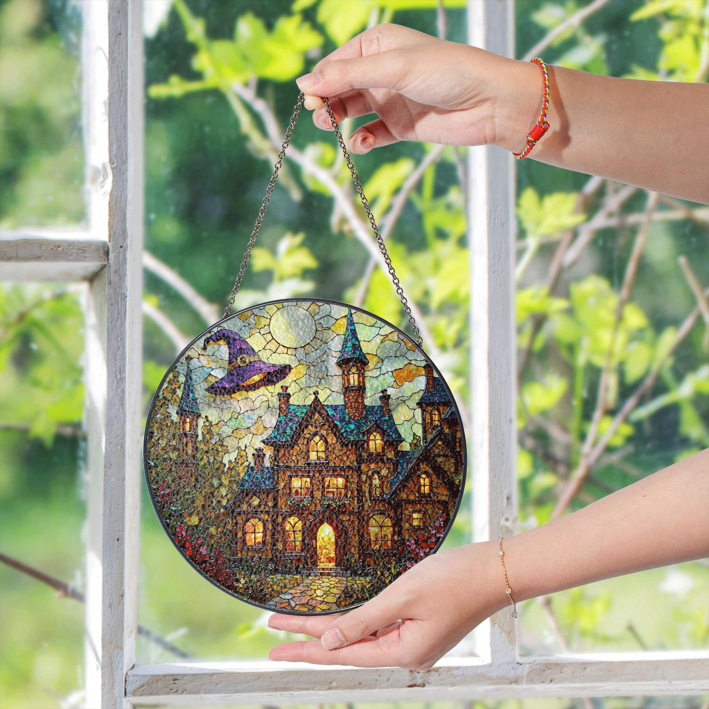 Enchanted haunted house suncatcher Halloween window hanging gift for witch lovers or spooky home decor