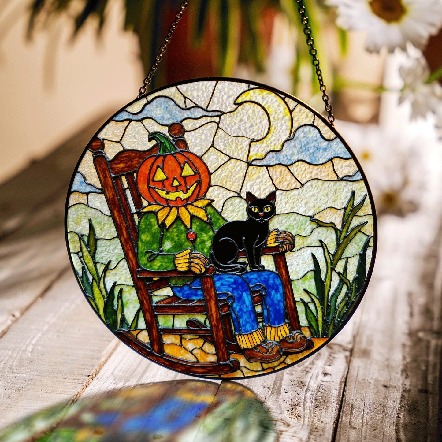 Pumpkin scarecrow with black cat Halloween stained glass suncatcher gift for her or mom