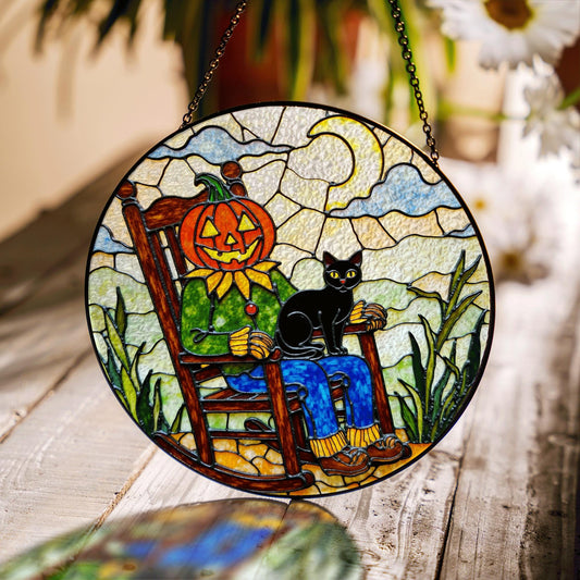 Pumpkin scarecrow with black cat Halloween stained glass suncatcher gift for her or mom