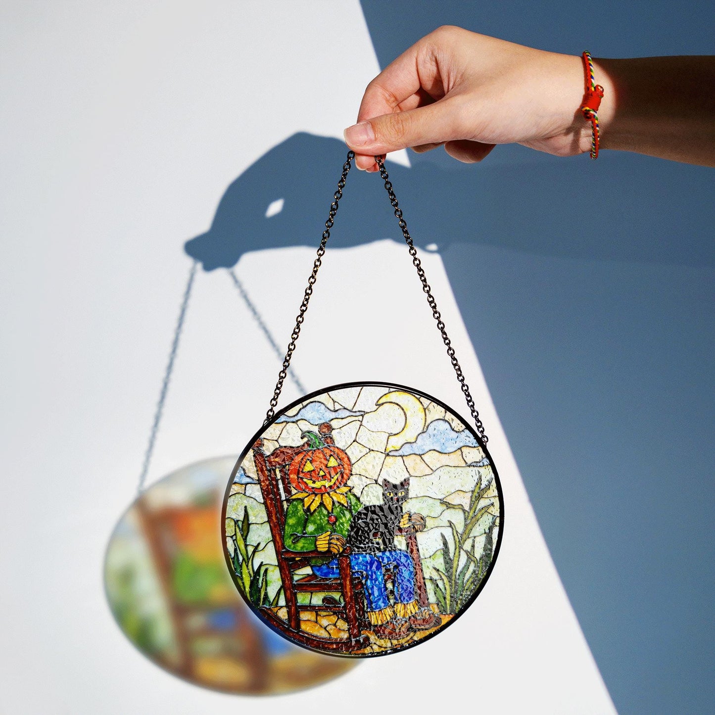 Pumpkin scarecrow with black cat Halloween stained glass suncatcher gift for her or mom