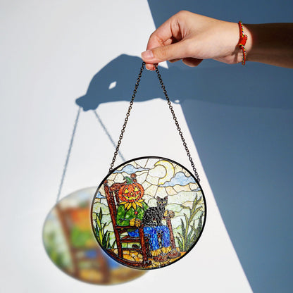 Pumpkin scarecrow with black cat Halloween stained glass suncatcher gift for her or mom