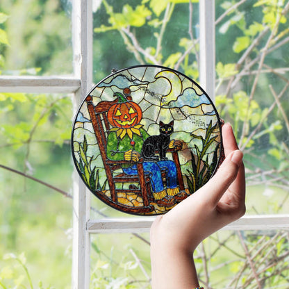 Pumpkin scarecrow with black cat Halloween stained glass suncatcher gift for her or mom