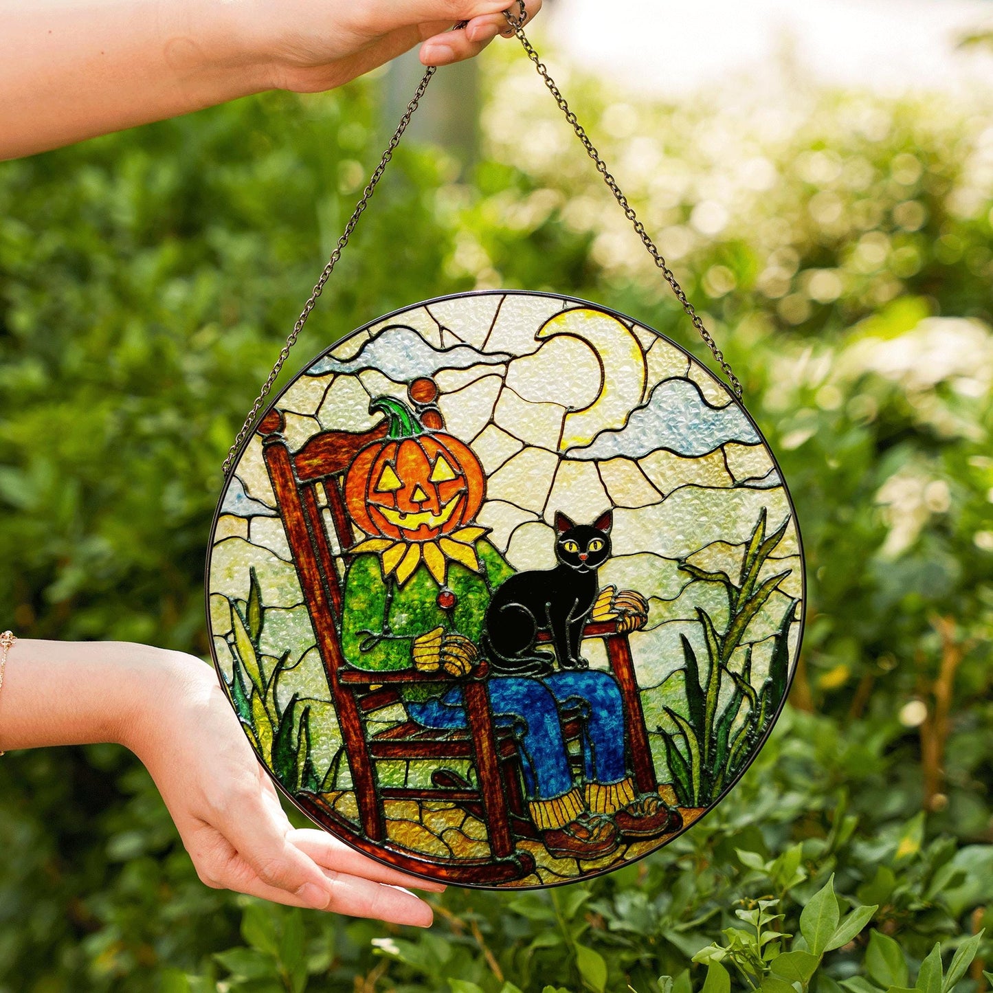 Pumpkin scarecrow with black cat Halloween stained glass suncatcher gift for her or mom