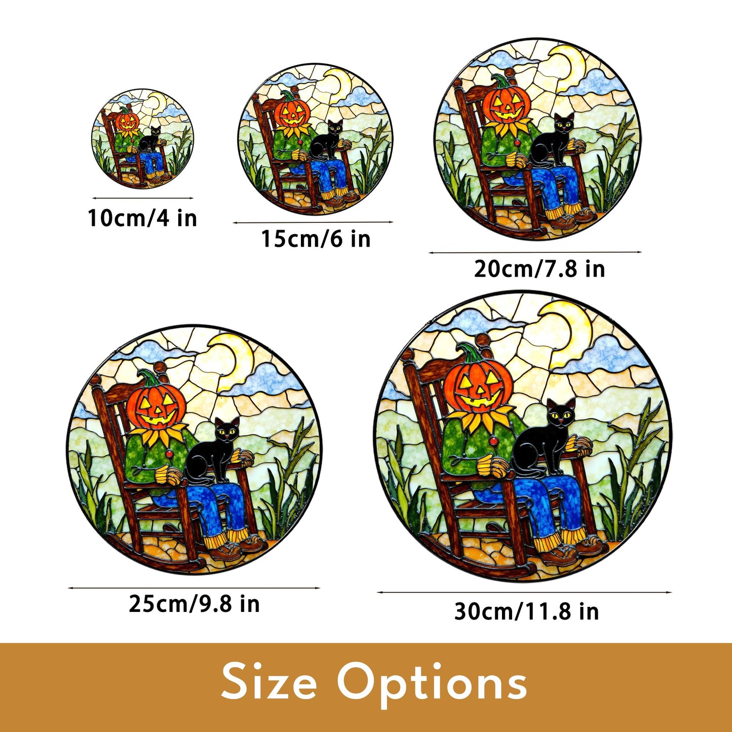 Pumpkin scarecrow with black cat Halloween stained glass suncatcher gift for her or mom