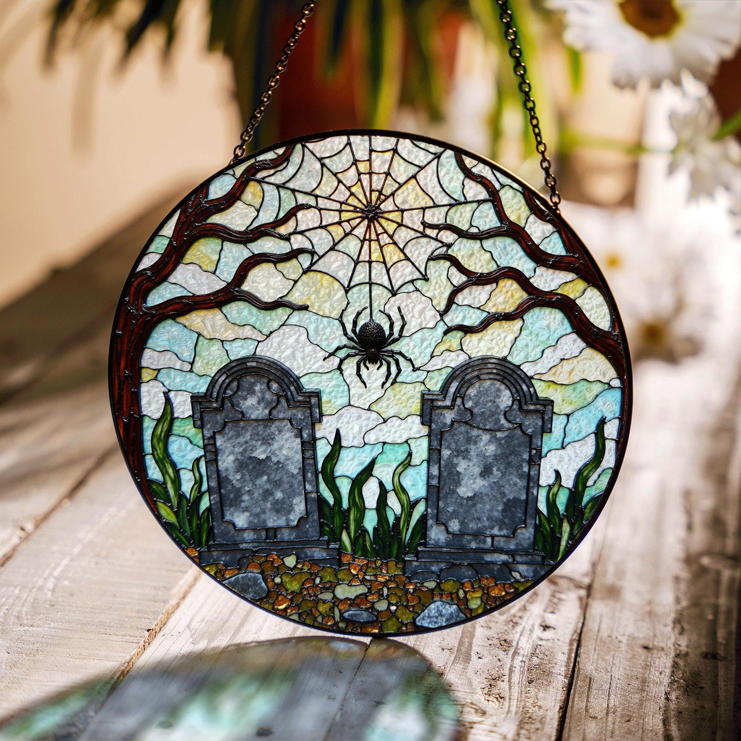 Haunted graveyard spider web suncatcher Halloween window hanging gift for spooky decor lovers