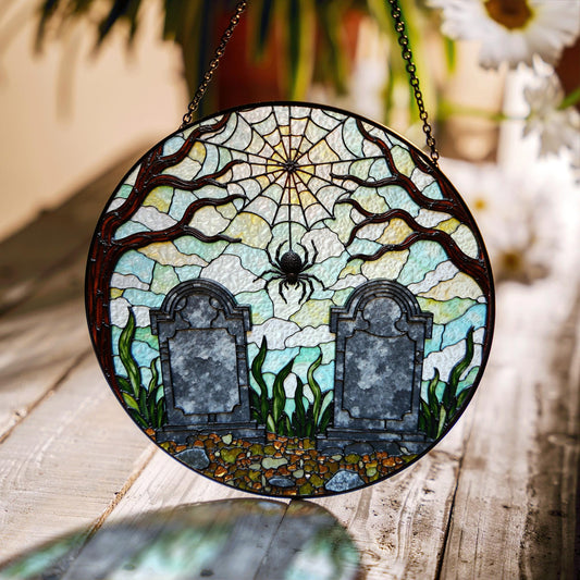Haunted graveyard spider web suncatcher Halloween window hanging gift for spooky decor lovers