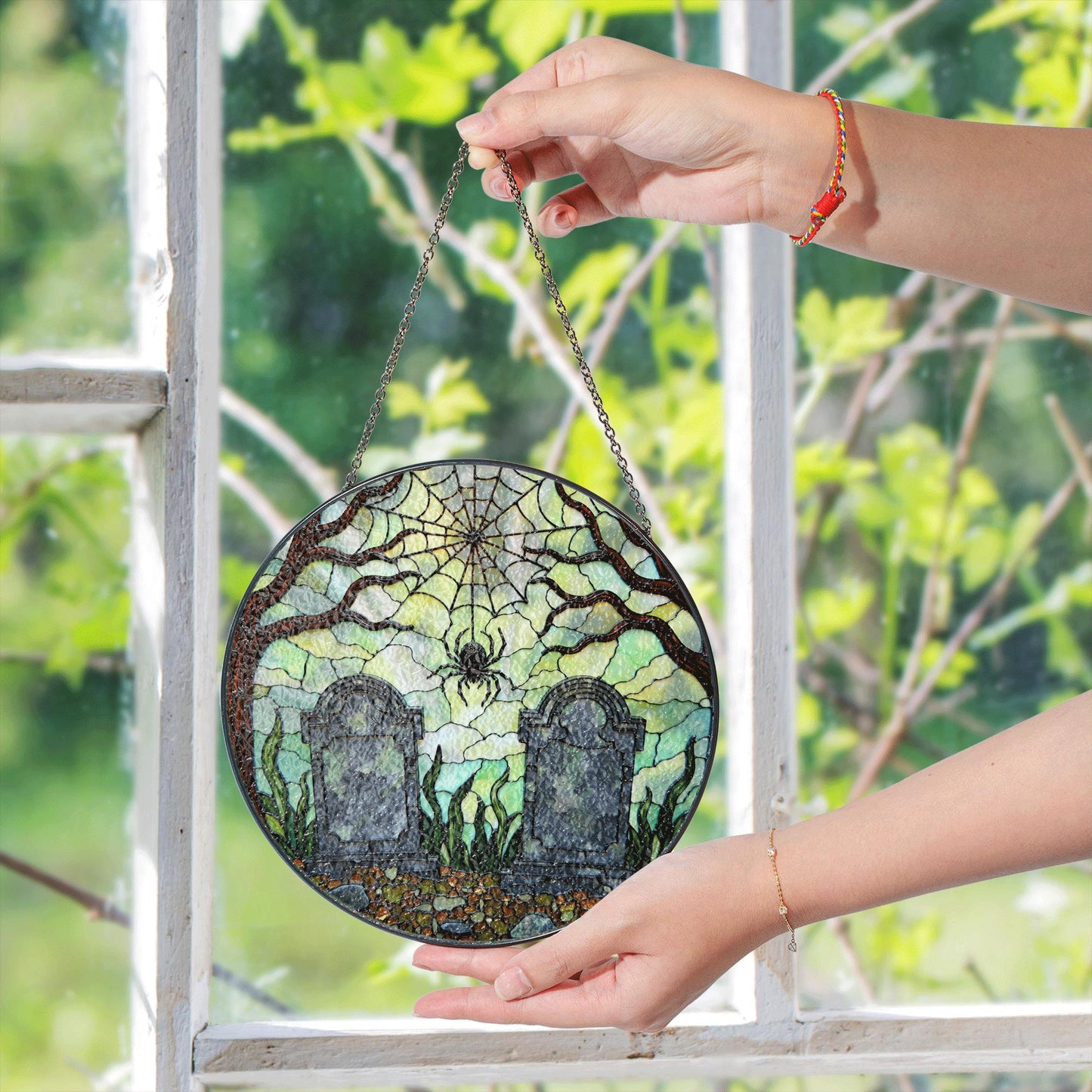 Haunted graveyard spider web suncatcher Halloween window hanging gift for spooky decor lovers