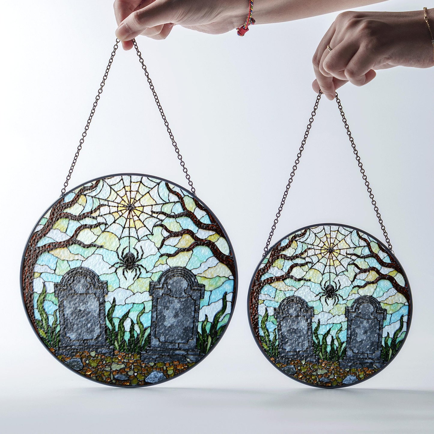 Haunted graveyard spider web suncatcher Halloween window hanging gift for spooky decor lovers