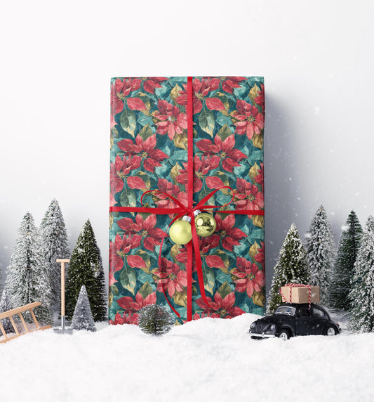 Premium Poinsettia Wrapping Paper Roll, Watercolor Christmas Gift Wrap for Holiday and Winter Decor #2