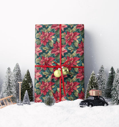 Poinsettia Christmas Wrapping Paper Roll, Watercolor Floral Gift Wrap for Elegant Winter Holiday Packaging #1