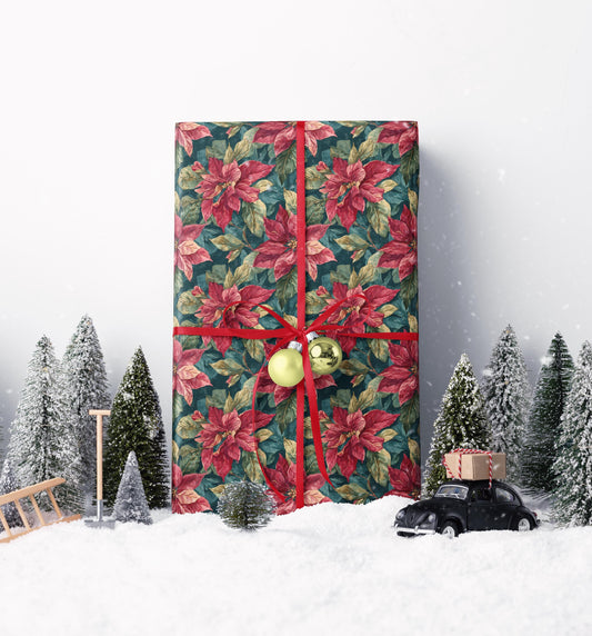 Poinsettia Christmas Wrapping Paper Roll, Watercolor Floral Gift Wrap for Elegant Winter Holiday Packaging #1
