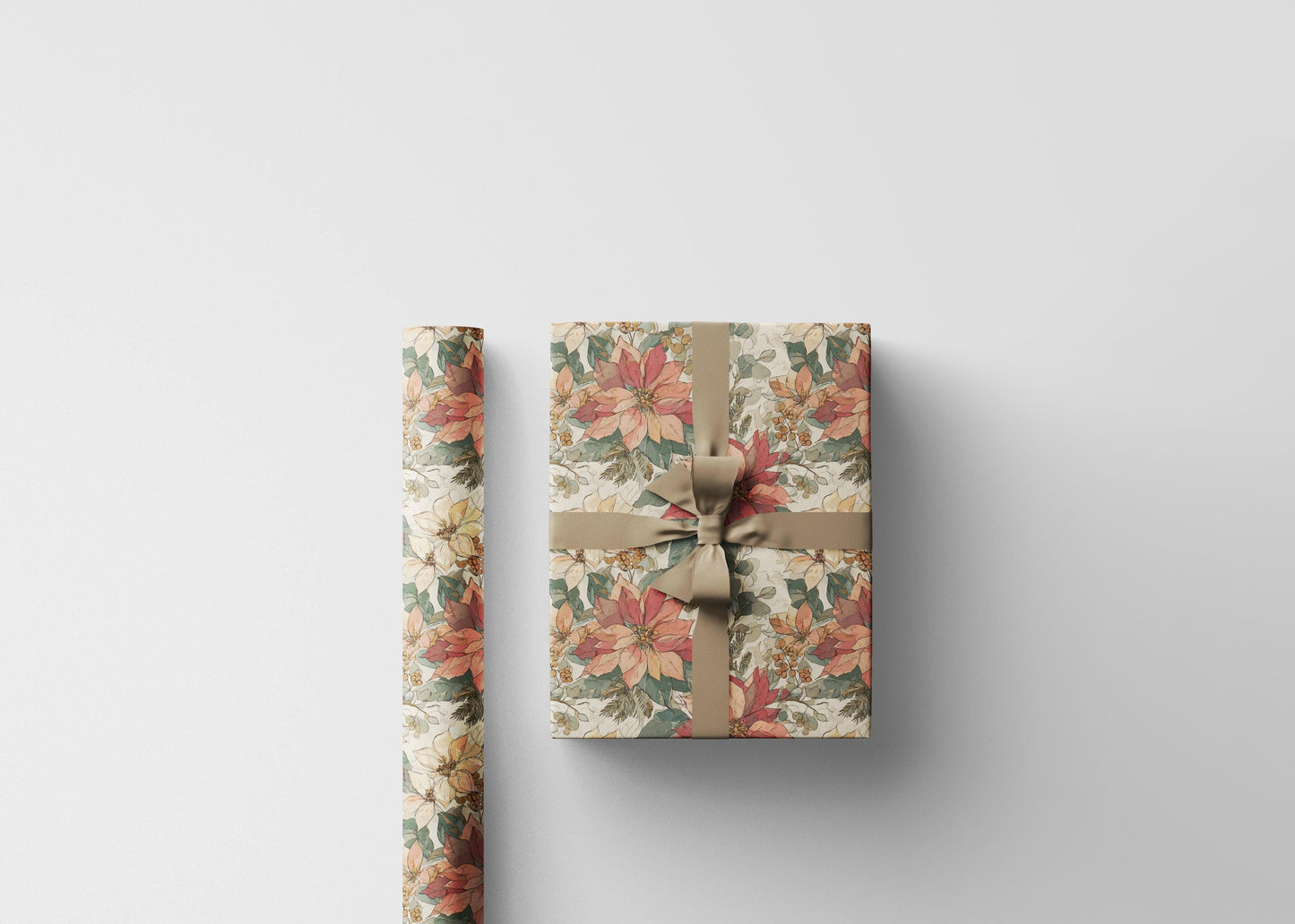 Floral Christmas Wrapping Paper Roll, Watercolor Poinsettia Design for Winter Holiday Gift Wrapping #4