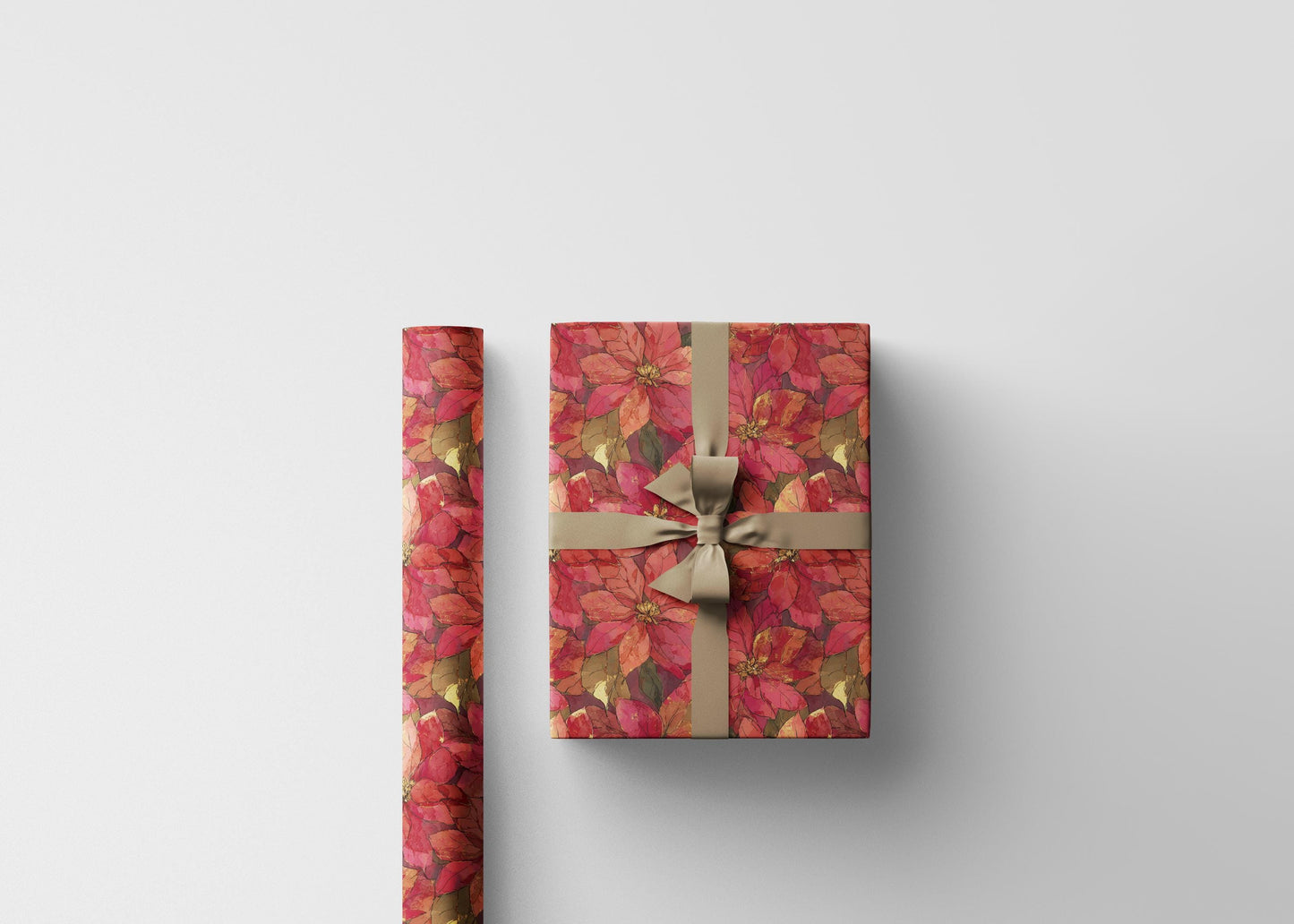 Elegant Poinsettia Wrapping Paper Roll, Christmas Gift Wrap with Watercolor Flowers and Festive Details #5