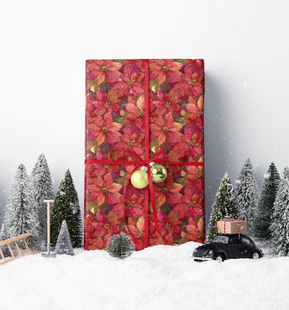 Elegant Poinsettia Wrapping Paper Roll, Christmas Gift Wrap with Watercolor Flowers and Festive Details #5