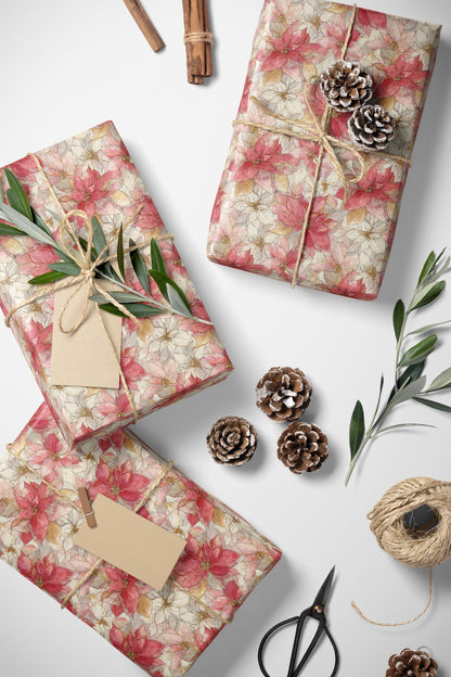 Christmas Gift Wrap with Watercolor Poinsettias, Premium Floral Wrapping Paper Roll for Winter Holidays #8