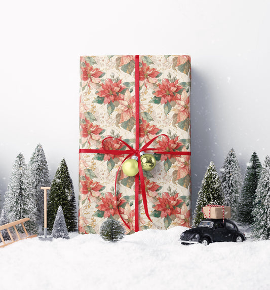 Premium Christmas Wrapping Paper Roll with Watercolor Poinsettias, Elegant Floral Gift Wrap Design #12