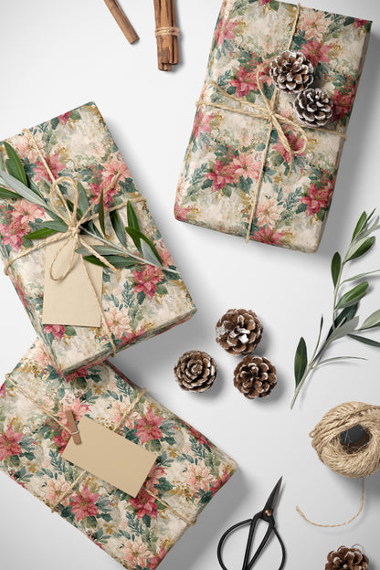 Poinsettia Christmas Gift Wrap Roll, Elegant Watercolor Floral Design for Holiday Wrapping #14