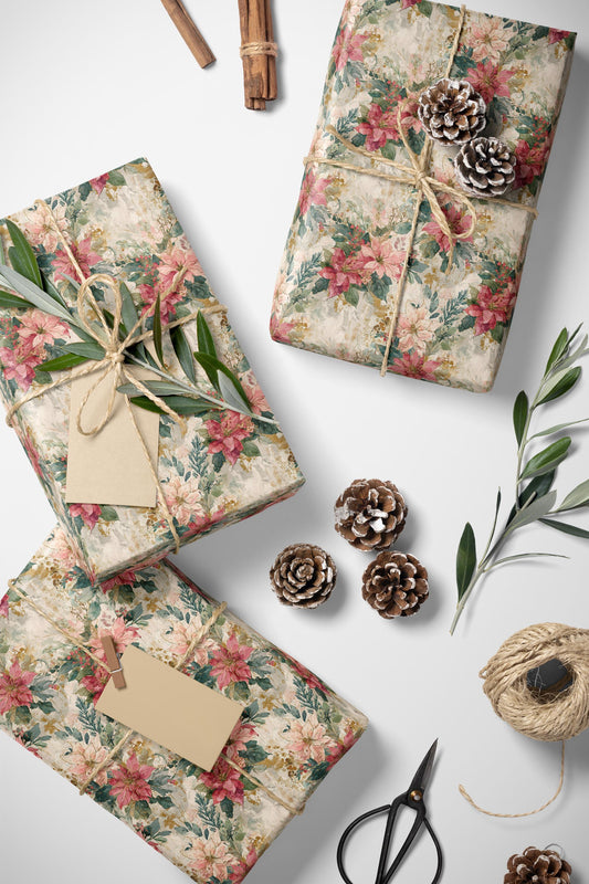 Poinsettia Christmas Gift Wrap Roll, Elegant Watercolor Floral Design for Holiday Wrapping #14