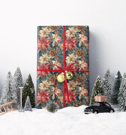 Red Poinsettia Wrapping Paper Roll, Elegant Christmas Gift Wrap for Holiday Packaging and Winter Decor #9