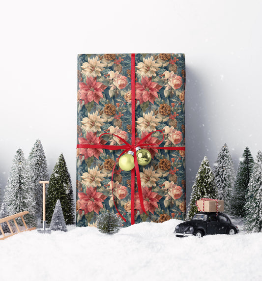 Red Poinsettia Wrapping Paper Roll, Elegant Christmas Gift Wrap for Holiday Packaging and Winter Decor #9