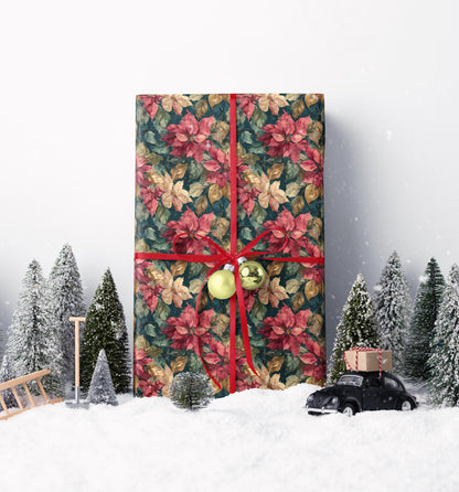 Watercolor Poinsettia Christmas Wrapping Paper Roll, Elegant Red Floral Gift Wrap for Holiday Packaging #3