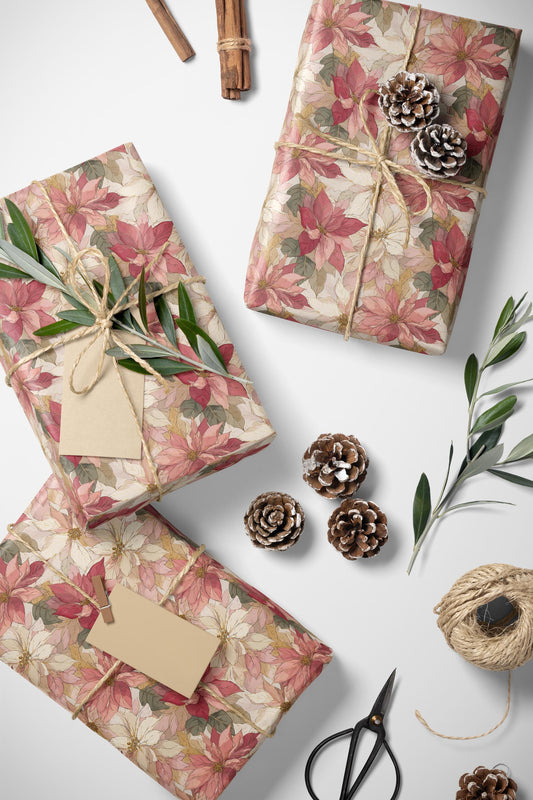 Poinsettia Floral Christmas Wrapping Paper Roll, Watercolor Winter Gift Wrap for Holiday Presents #19